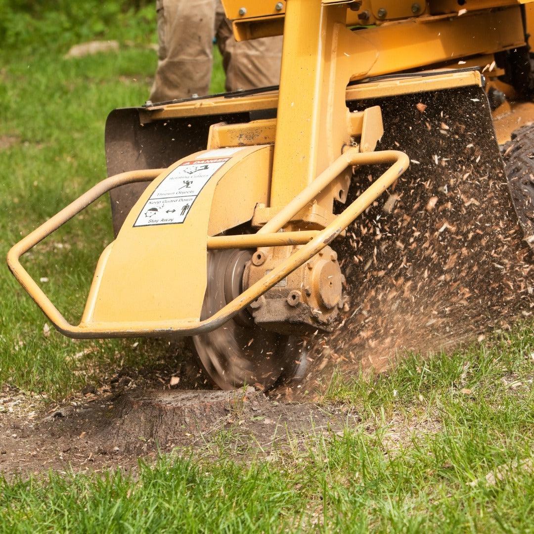 Professional stump grinding and removal services in Edmond, Oklahoma - McCauley Tree Co expert stump grinding with yellow stump grinder equipment